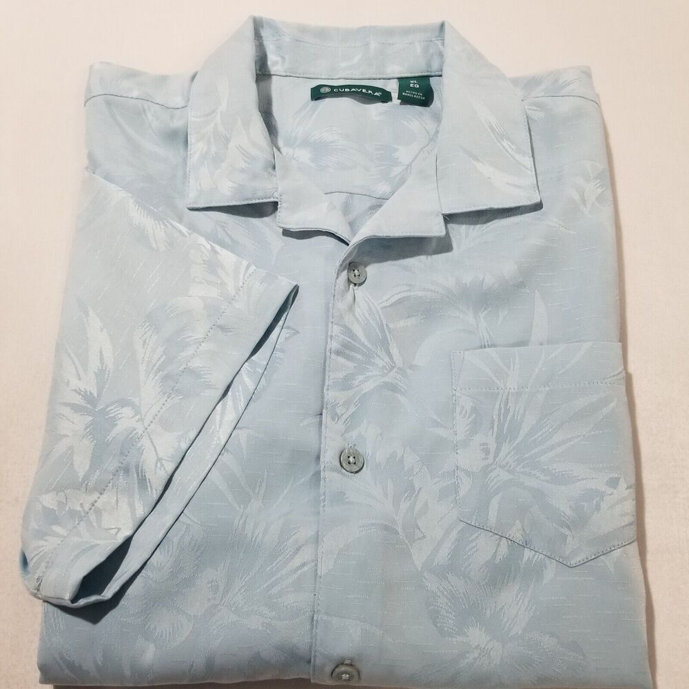 Cubavera Shirt Mens XL HawaiianTwo-Tone One Pocket Floral Fronds Blue Allure